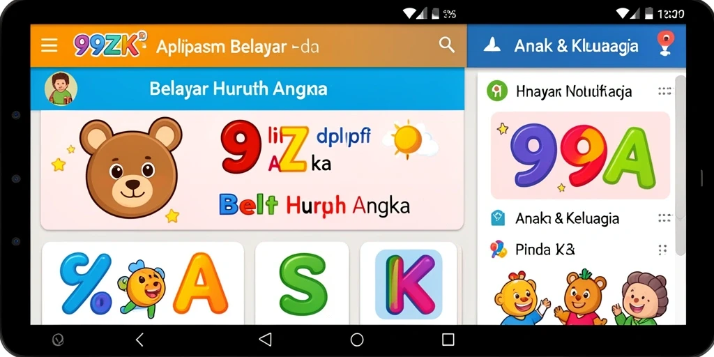 Antarmuka aplikasi 99ZK untuk belajar huruf dan angka yang interaktif.