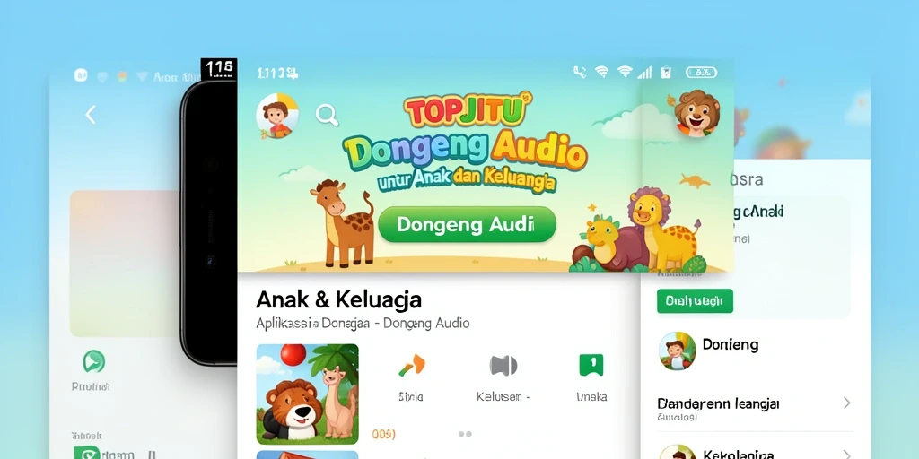 Tampilan antarmuka aplikasi Dongeng Audio yang menarik dan ramah anak.